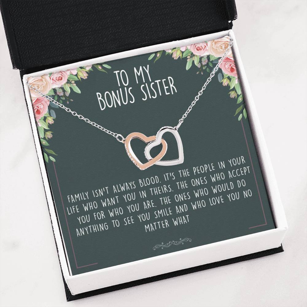 Unbiological Bonus Sister Best Friend Interlocking Hearts Necklace Message Card