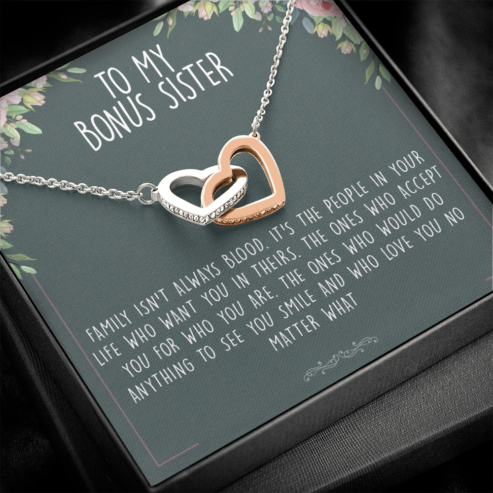 Unbiological Bonus Sister Best Friend Interlocking Hearts Necklace Message Card