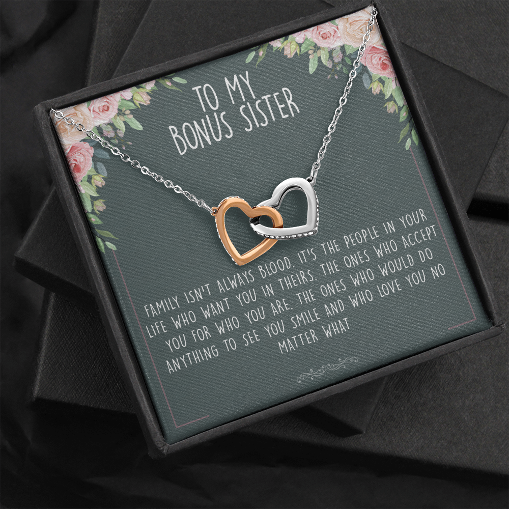 Unbiological Bonus Sister Best Friend Interlocking Hearts Necklace Message Card
